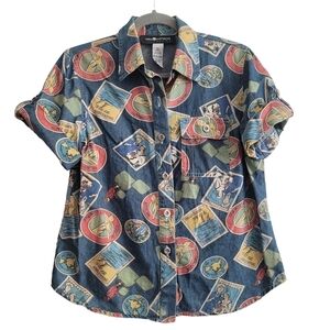 VTG Sag Harbor Sport Travel Postcard Casual Chambray Button Up Shirt Small